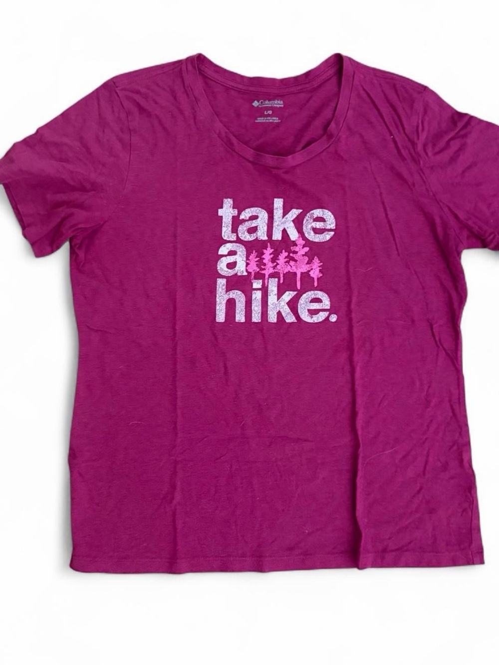 Columbia Sportswear woman’s pink ik"Take a Hike" graphic T-shirt Tee Sz L